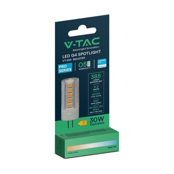 LED Λάμπα G4 12V SAMSUNG Chip 3.2W 385lm 6400K V-TAC – 21133