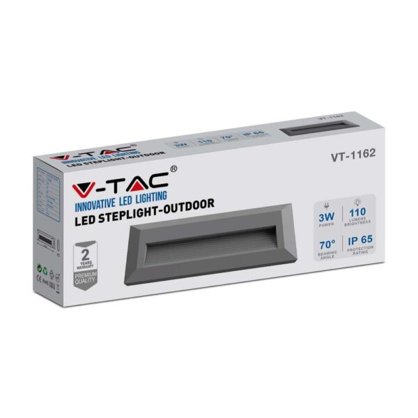 Επιτοίχιο Φωτιστικό LED για Σκαλοπάτια 3W V-TAC Γκρι Ορθογώνιο Αδιάβροχο IP65 Θερμό 3000K – 211331