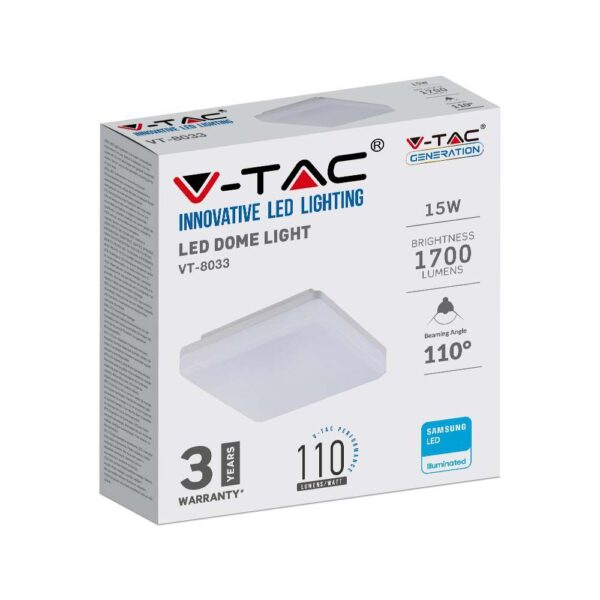 LED Πλαφονιέρα Λευκή 15W V-TAC PRO Samsung Chip IP44 110° 1700lm 20×20 Θερμό 3000K – 2113909
