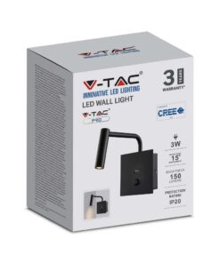 LED επιτοίχιο φωτιστικό κομοδίνου 3W σε μαύρο σώμα και θύρα USB για ξενοδοχεία V-TAC – 211487