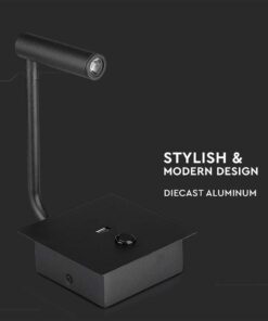 LED επιτοίχιο φωτιστικό κομοδίνου 3W σε μαύρο σώμα και θύρα USB για ξενοδοχεία V-TAC – 211487