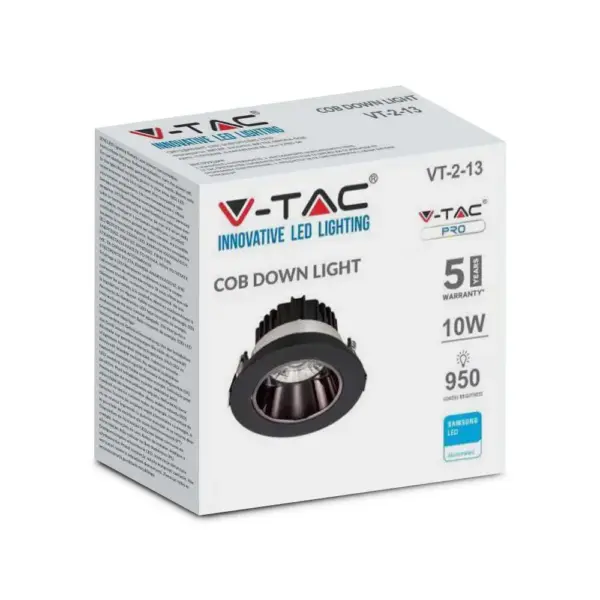 LED Φωτιστικό Χωνευτό COB 10W Μαύρο V-TAC PRO Samsung Chip 110° 950lm Θερμό 3000K – 2120051
