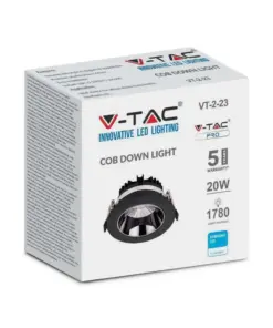 LED Φωτιστικό Χωνευτό COB 20W Μαύρο V-TAC PRO Samsung Chip 120° 1780lm Θερμό 3000K – 2120054
