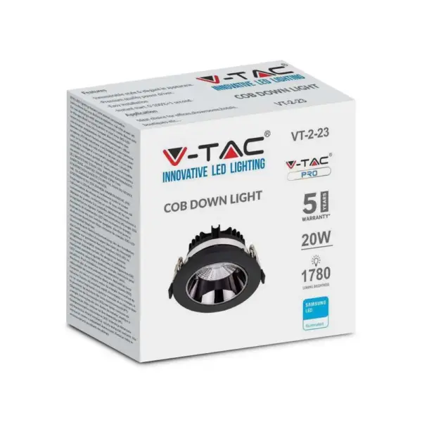 LED Φωτιστικό Χωνευτό COB 20W Μαύρο V-TAC PRO Samsung Chip 120° 1780lm Θερμό 3000K – 2120054