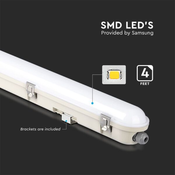 LED Αδιάβροχο φωτιστικό Samsung SMD 36W 1.2m φυσικό λευκό 4000K ασφαλείας milky cover με ανοξείδωτα κλιπς 120lm/W V-TAC – 2120223