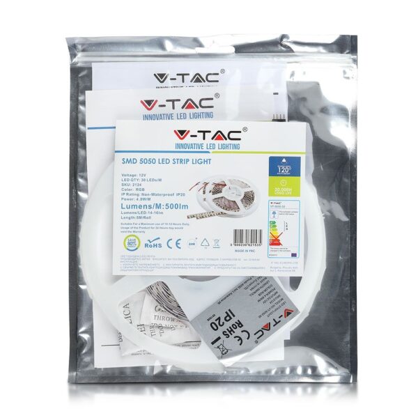 LED Ταινία 4.8W V-TAC Dimmable 500lm/m Πολύχρωμη RGB 5 Μέτρα – 2124