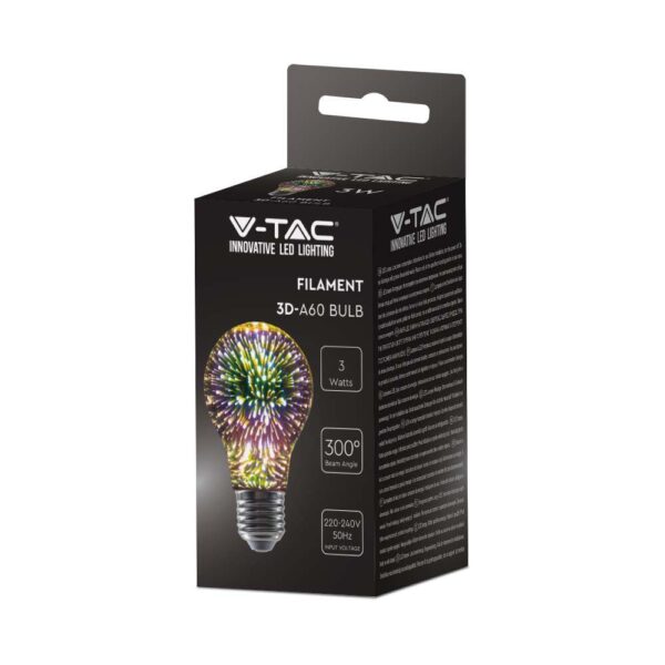 LED Λάμπα E27 A60 3W 3D Filament V-TAC 300° 20lm Θερμό Λευκό 3000Κ – 212704