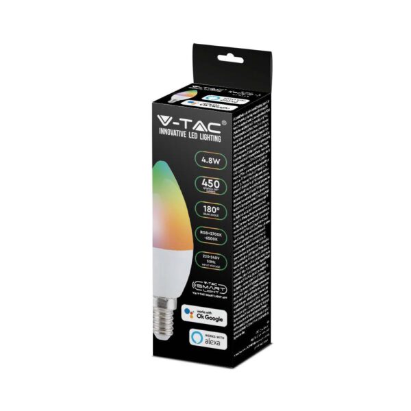 Wi-Fi Λάμπα LED 4.8W E14 Κεράκι V-TAC Smart Home 450lm 2700K-6400K+RGB - 212754