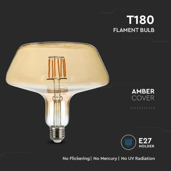 LED Λάμπα E27 T180 8W Filament Amber V-TAC 300° 620lm Θερμό Λευκό 2200Κ – 212790