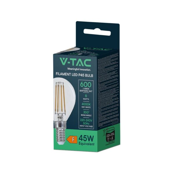 LED Λάμπα E14 Γλομπάκι G45 Filament 6W V-TAC 600lm 4000K – 212846