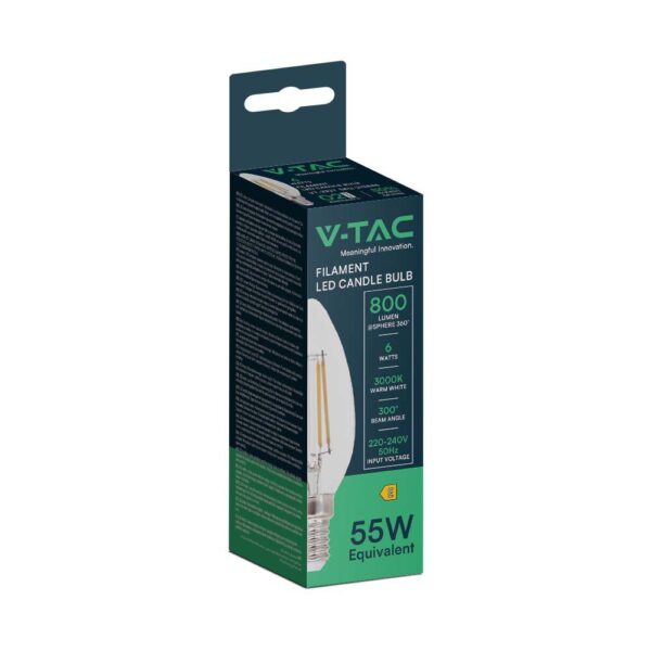 Λάμπα LED E14 Κερί Filament 6W 3000K γυαλί διάφανο V-TAC – 212848