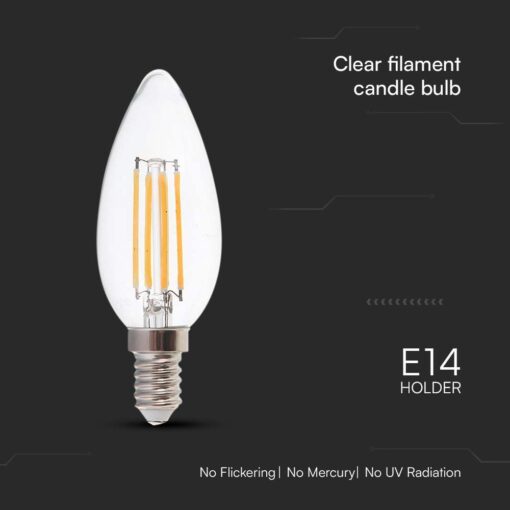 Λάμπα LED E14 Κερί Filament 6W 3000K γυαλί διάφανο V-TAC – 212848