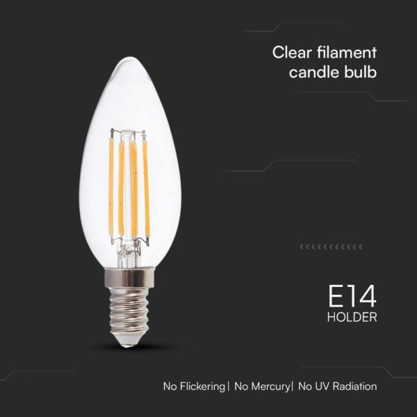 Λάμπα LED E14 Κερί Filament 6W 3000K γυαλί διάφανο V-TAC – 212848