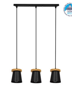 GloboStar® LANA 01425 ΣΕΤ Μοντέρνο Κρεμαστό Φωτιστικό Οροφής Τρίφωτο 3 x E27 με Ξύλινη Βάση και Μαύρο Καπέλο Φ13 x Μ58 x Y17cm