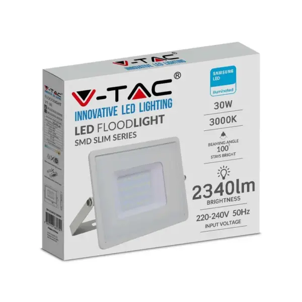 LED Προβολέας 30W V-TAC PRO Samsung Chip 100° 2340lm Λευκός Αδιάβροχος IP65 Θερμό 3000K – 21403