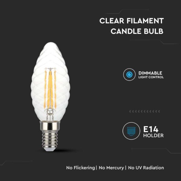 LED Λάμπα – 4W Filament  E14 Twist Κερί Dimmable 3000K V-TAC – 214367