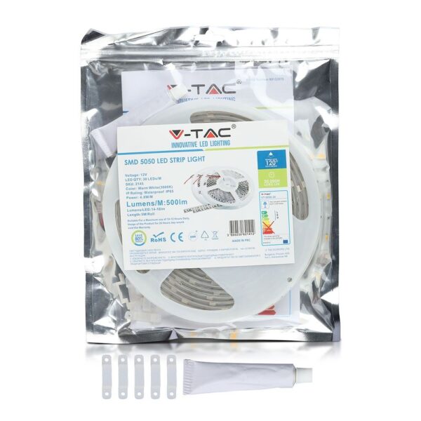 Συσκευασία ταινίας LED SMD 5050 V-TAC, 12V, 500lm/M, θερμό λευκό, αδιάβροχη, με παρελκόμενα.