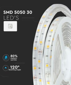 Λεντοταινία SMD 5050 με 30 LED, εξοικονόμηση ενέργειας 80%, γωνία δέσμης 120° για φωτισμό εσωτερικού χώρου.