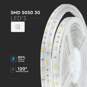 Λεντοταινία SMD 5050 με 30 LED, εξοικονόμηση ενέργειας 80%, γωνία δέσμης 120° για φωτισμό εσωτερικού χώρου.