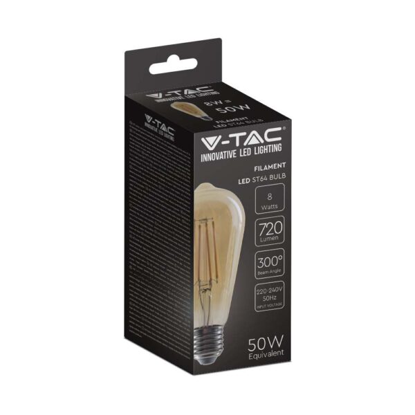 LED Λάμπα E27 ST64 8W Filament Amber V-TAC 300° 720lm Θερμό 2200Κ – 214421