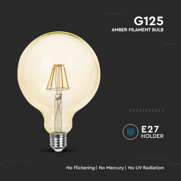 LED Λάμπα – 4W  Filament E27 G125 Amber Glass 2200K V-TAC – 214473