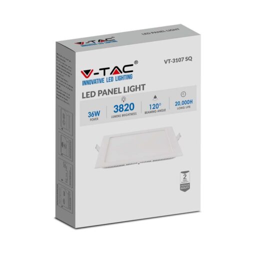 LED Πάνελ Τετράγωνο Χωνευτό 36W V-TAC 30×30 Φυσικό Λευκό 4000K – 216430