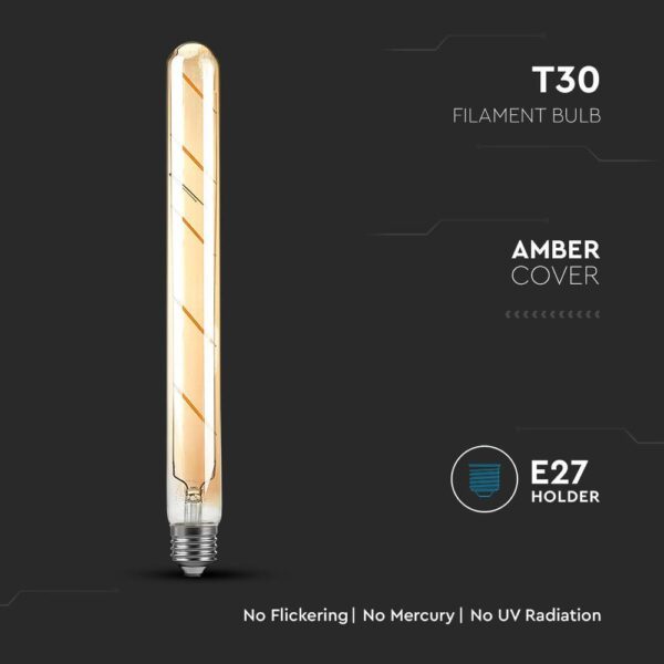 LED Λάμπα E27 T30 30cm 5W Filament Amber V-TAC 300° 500lm Θερμό Λευκό 2200Κ – 217142