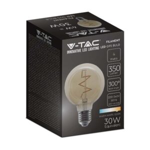 LED Λάμπα E27 G95 4W Filament Amber V-TAC 300° 300lm Θερμό Λευκό 2200Κ – 217146