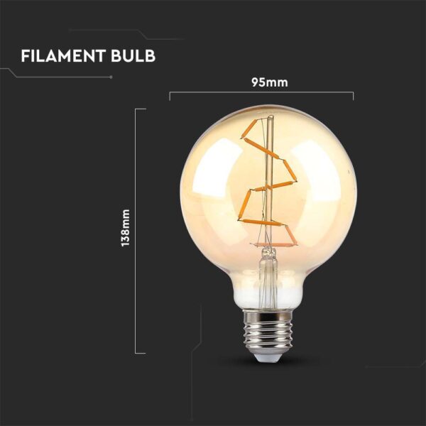 LED Λάμπα E27 G95 4W Filament Amber V-TAC 300° 300lm Θερμό Λευκό 2200Κ – 217146