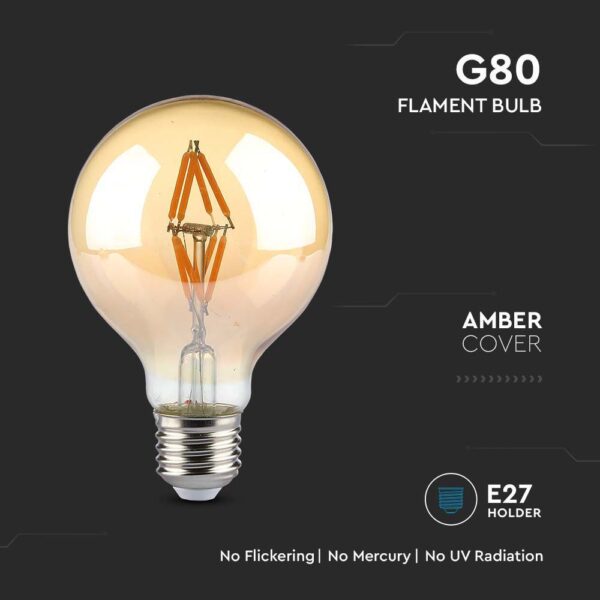 LED Λάμπα E27 G80 4W Filament Amber V-TAC 300° 400lm Θερμό Λευκό 2200Κ – 217148