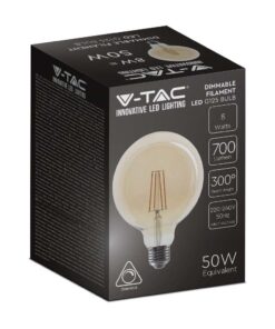 LED Λάμπα – 8W Filament E27 G125 Amber Dimmable 2200K V-TAC – 217155