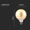 LED Λάμπα E27 G125 6W Filament Amber V-TAC 300° 400lm Θερμό Λευκό 1800Κ – 217328