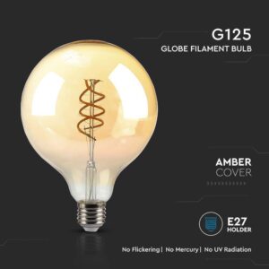 LED Λάμπα E27 G125 6W Filament Amber V-TAC 300° 400lm Θερμό Λευκό 1800Κ – 217328