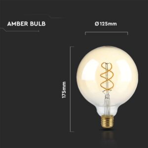LED Λάμπα E27 G125 5W Dimmable Filament Amber V-TAC 300° 250lm Θερμό Λευκό 1800Κ – 217415