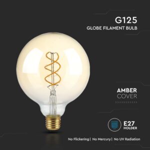 LED Λάμπα E27 G125 5W Dimmable Filament Amber V-TAC 300° 250lm Θερμό Λευκό 1800Κ – 217415