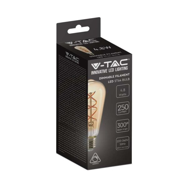 LED Λάμπα E27 ST64 5W Dimmable Filament Amber V-TAC 300° 250lm Θερμό Λευκό 1800Κ – 217416