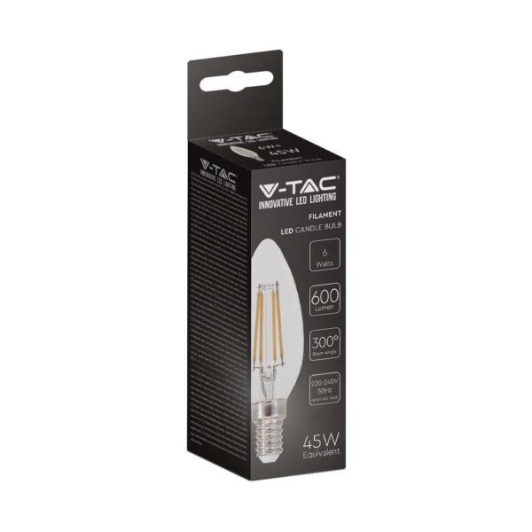 LED Λάμπα – 6W Filament E14 Clear Cover Κεράκι 6400K V-TAC – 217425