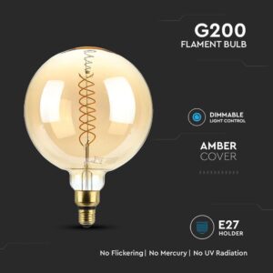 LED Λάμπα E27 G200 28cm 8W Dimmable Filament Amber V-TAC 300° 500lm Θερμό Λευκό 1800Κ – 217462