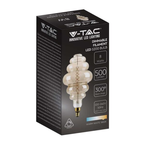 LED Λάμπα E27 S200 39cm 8W Dimmable Filament Smoky V-TAC 300° 500lm Θερμό 1800Κ – 217465