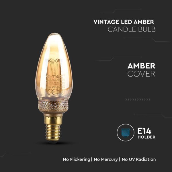 LED Λάμπα E14 Κερί 2W Filament Amber V-TAC 300° 65lm Θερμό 1800Κ – 217472