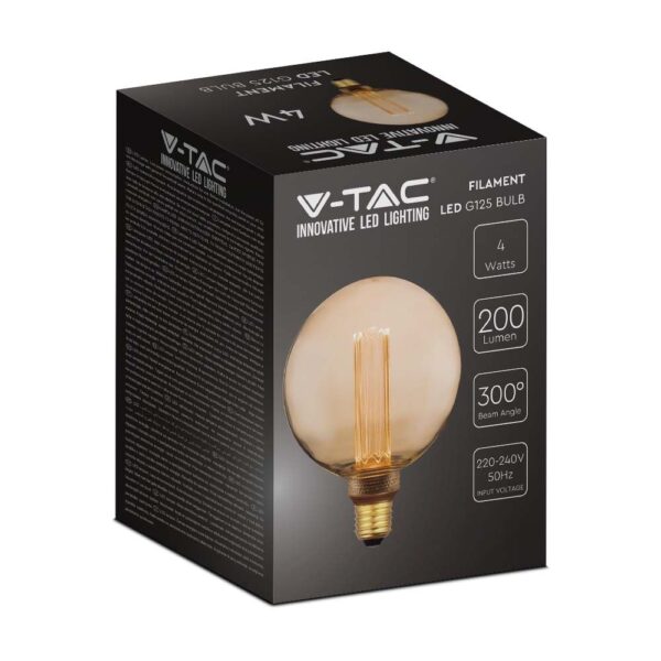LED Λάμπα E27 G125 4W Filament Amber V-TAC 300° 200lm Θερμό Λευκό 1800Κ – 217475