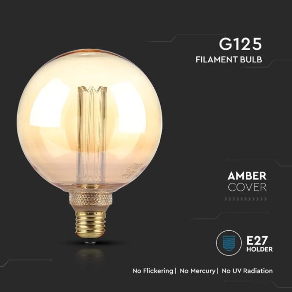 LED Λάμπα E27 G125 4W Filament Amber V-TAC 300° 200lm Θερμό Λευκό 1800Κ – 217475