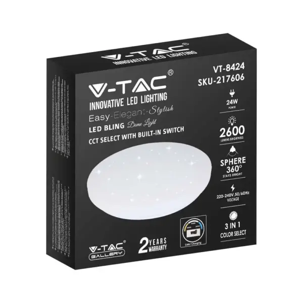 LED πλαφονιέρα 24W στρογγυλή 3 σε 1 φωτισμός CCT σε Λευκό σώμα και έναστρο κάλυμμα V-TAC – 217606