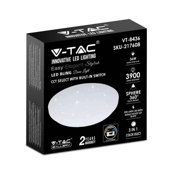LED Πλαφονιέρα 36W Στρογγυλή CCT σε Λευκό Σώμα και Έναστρο Κάλυμμα V-TAC – 217608