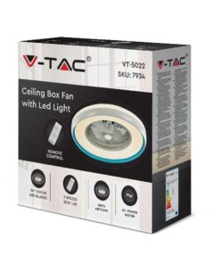 Ανεμιστήρας οροφής LED 45W 3 σε 1 λευκό σώμα-μπλε δαχτυλίδι 7 πτερυγίων με ρύθμιση μέσω RF control V-TAC – 217934