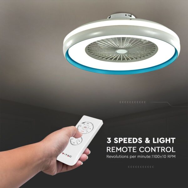 Ανεμιστήρας οροφής LED 45W 3 σε 1 λευκό σώμα-μπλε δαχτυλίδι 7 πτερυγίων με ρύθμιση μέσω RF control V-TAC – 217934