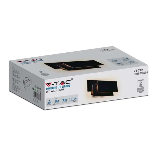LED Φωτιστικό Απλίκα 11W V-TAC Ορθογώνιο Μαύρο Θερμό 3000Κ – 218204