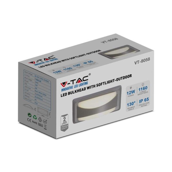 LED Φωτιστικό Απλίκα 12W V-TAC Γκρι Αδιάβροχο IP65 Φυσικό 4000K – 218246