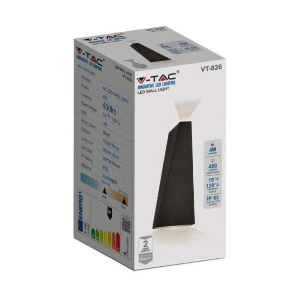 LED Φωτιστικό Τοίχου 4W V-TAC Μαύρο Αδιάβροχο IP65 Φυσικό 4000Κ – 218298