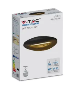 LED Φωτιστικό Τοίχου 9W V-TAC Μαύρο Θερμό Λευκό 3000Κ – 218309